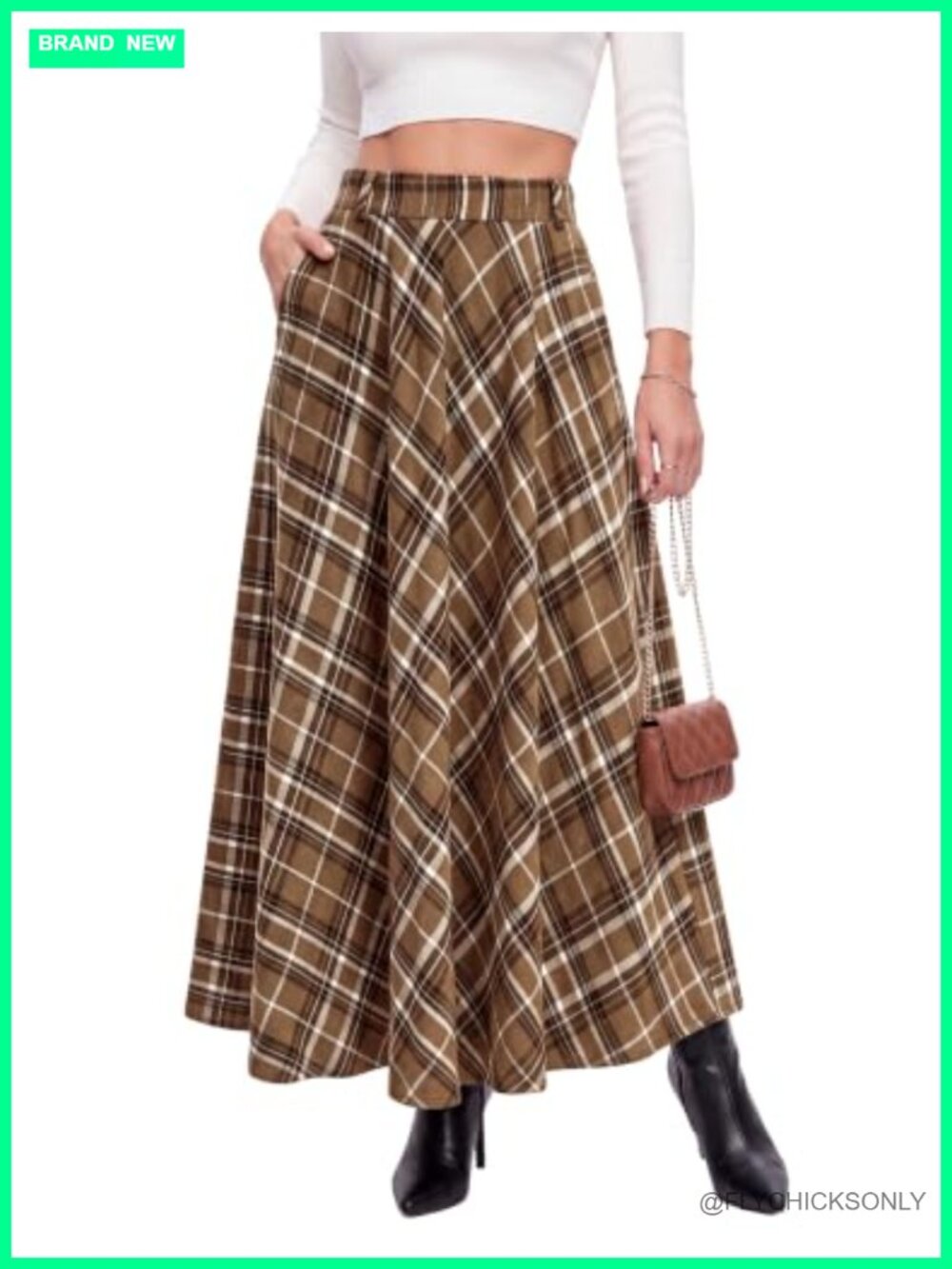 Womens Plaid Maxi Skirt High Waist A-Line Ankle Length Pockets Fall